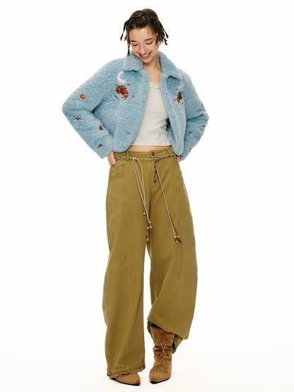 OuttheBlue Padded Casual Slim Notched Collar Embroidered Light Blue Polyester Women Jacket