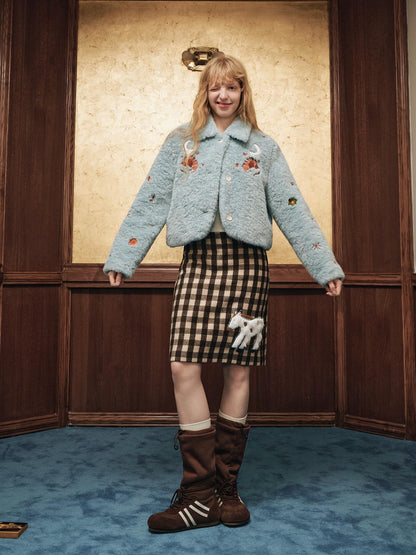 OuttheBlue Padded Casual Slim Notched Collar Embroidered Light Blue Polyester Women Jacket