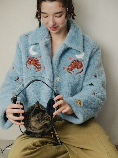 OuttheBlue Padded Casual Slim Notched Collar Embroidered Light Blue Polyester Women Jacket