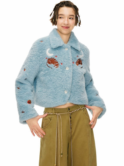 OuttheBlue Padded Casual Slim Notched Collar Embroidered Light Blue Polyester Women Jacket