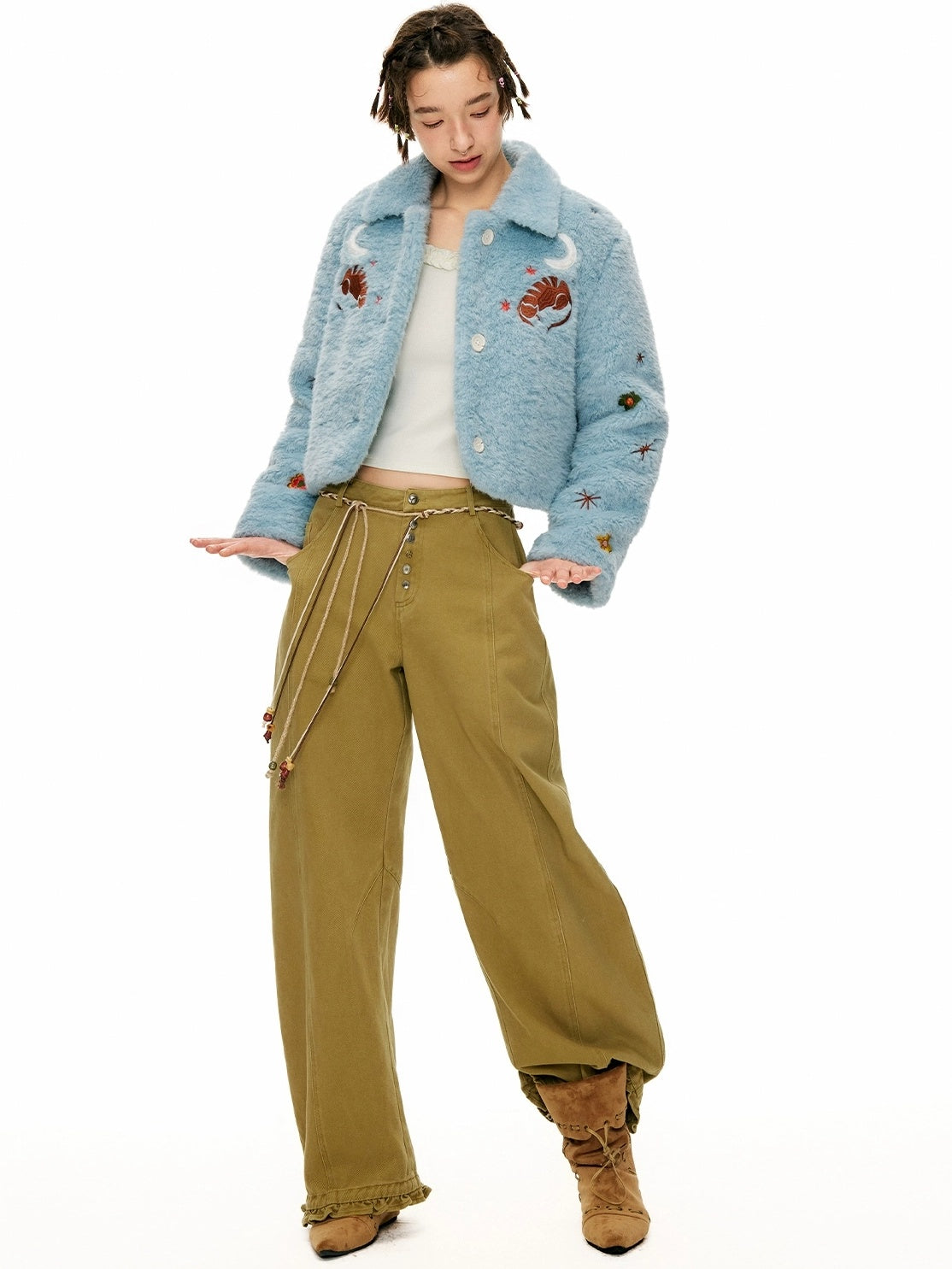 OuttheBlue Padded Casual Slim Notched Collar Embroidered Light Blue Polyester Women Jacket