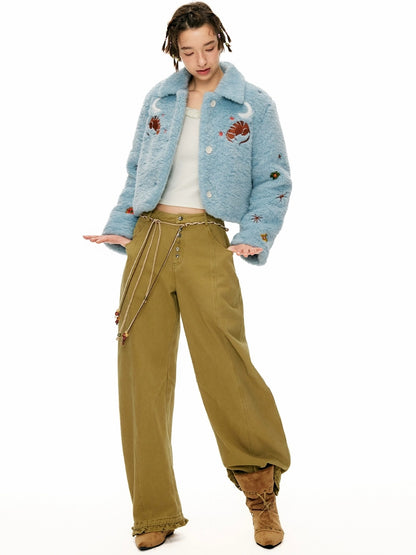 OuttheBlue Padded Casual Slim Notched Collar Embroidered Light Blue Polyester Women Jacket