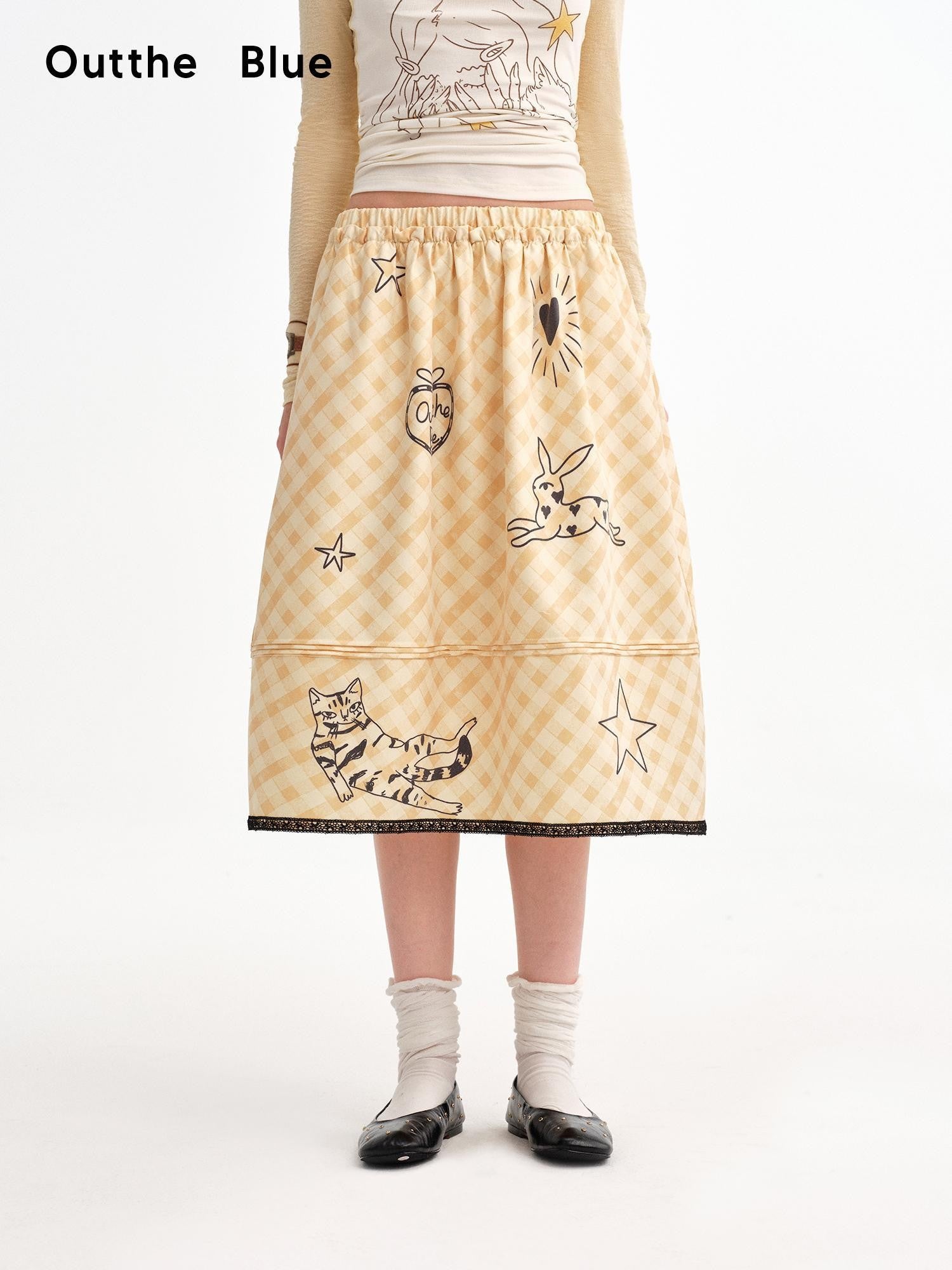 OuttheBlue Pale Yellow Plaid Graffiti Ruched Lace Trim A Line Women&