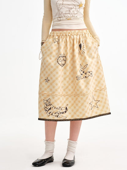 OuttheBlue Pale Yellow Plaid Graffiti Ruched Lace Trim A Line Women&