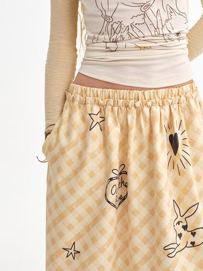 OuttheBlue Pale Yellow Plaid Graffiti Ruched Lace Trim A Line Women&