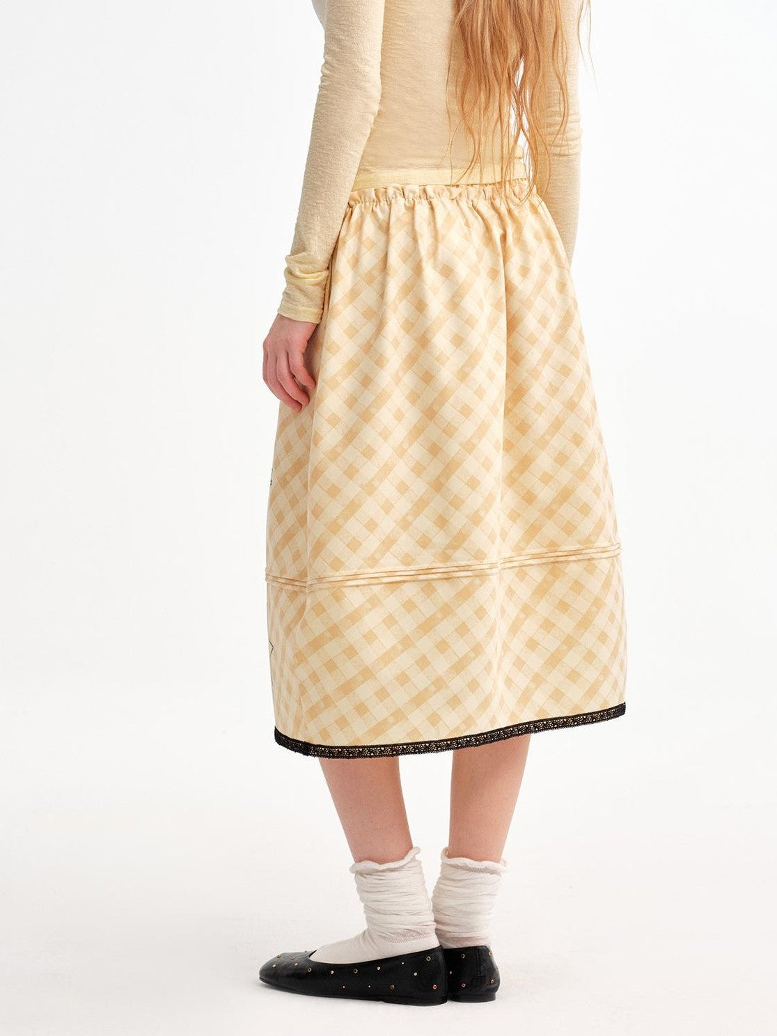 OuttheBlue Pale Yellow Plaid Graffiti Ruched Lace Trim A Line Women&