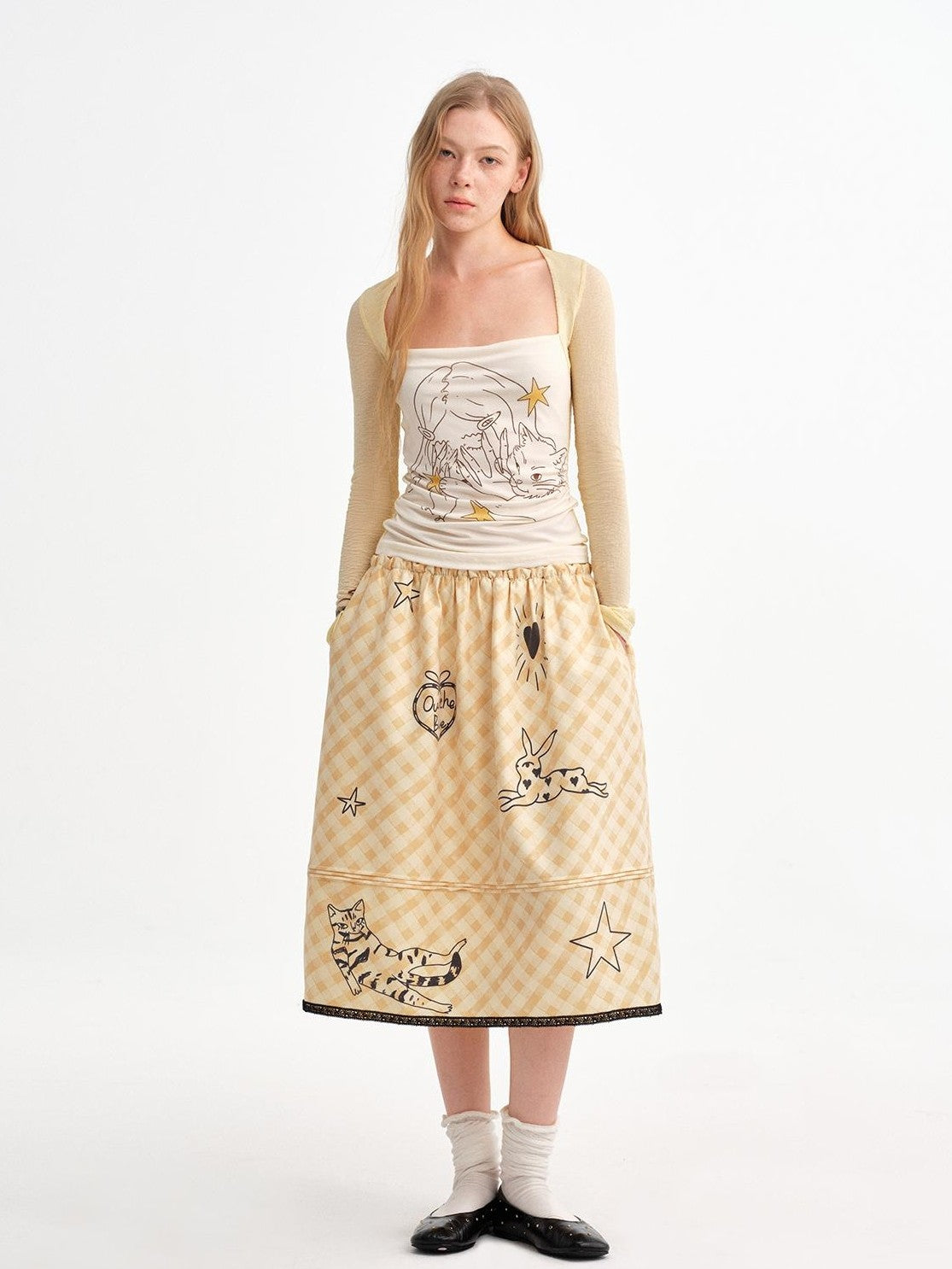 OuttheBlue Pale Yellow Plaid Graffiti Ruched Lace Trim A Line Women&