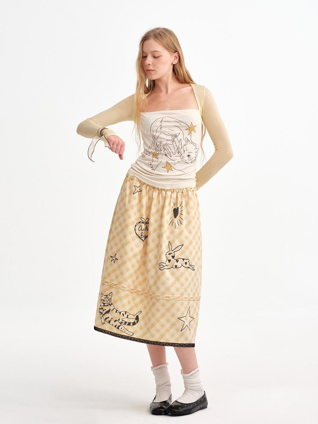 OuttheBlue Pale Yellow Plaid Graffiti Ruched Lace Trim A Line Women&