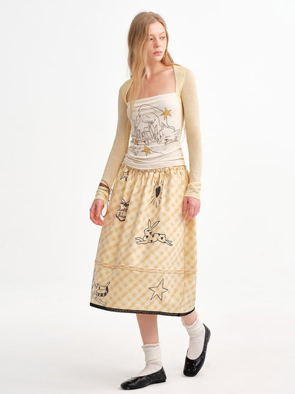 OuttheBlue Pale Yellow Plaid Graffiti Ruched Lace Trim A Line Women&