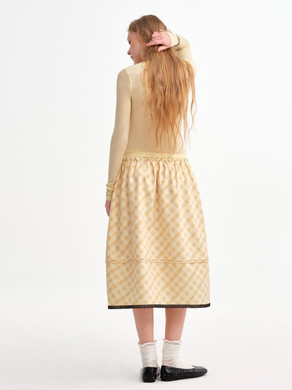 OuttheBlue Pale Yellow Plaid Graffiti Ruched Lace Trim A Line Women&