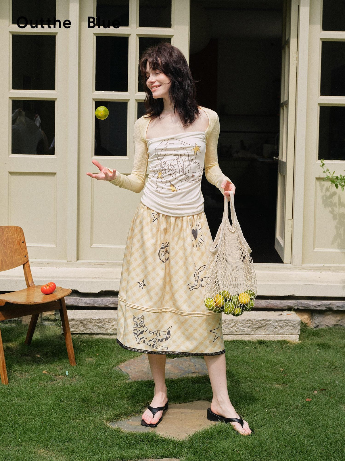 OuttheBlue Pale Yellow Plaid Graffiti Ruched Lace Trim A Line Women&