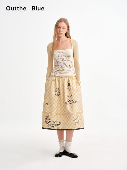 OuttheBlue Pale Yellow Plaid Graffiti Ruched Lace Trim A Line Women&