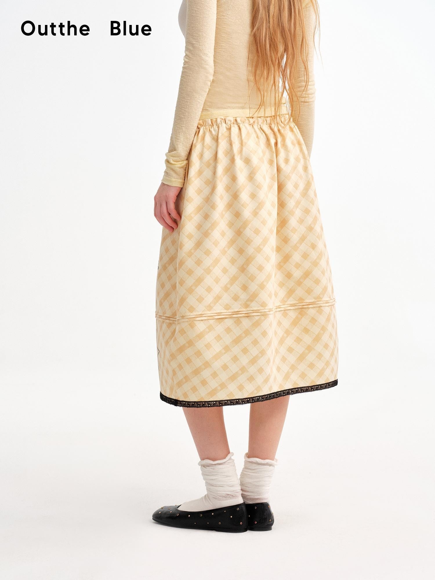 OuttheBlue Pale Yellow Plaid Graffiti Ruched Lace Trim A Line Women&