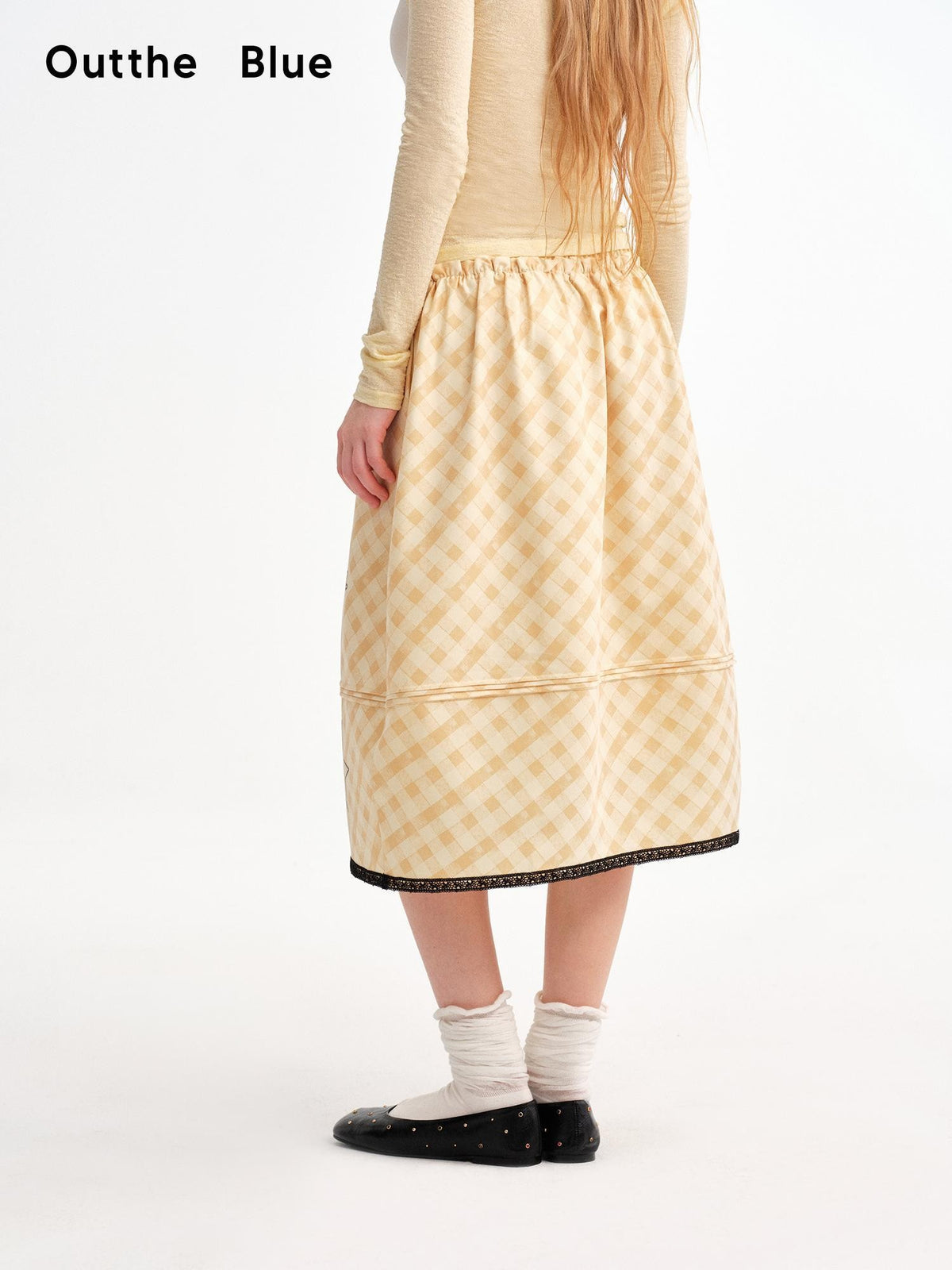 OuttheBlue Pale Yellow Plaid Graffiti Ruched Lace Trim A Line Women&