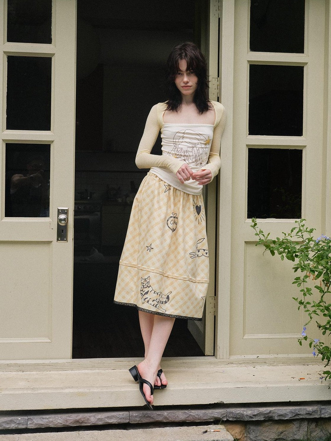 OuttheBlue Pale Yellow Plaid Graffiti Ruched Lace Trim A Line Women&