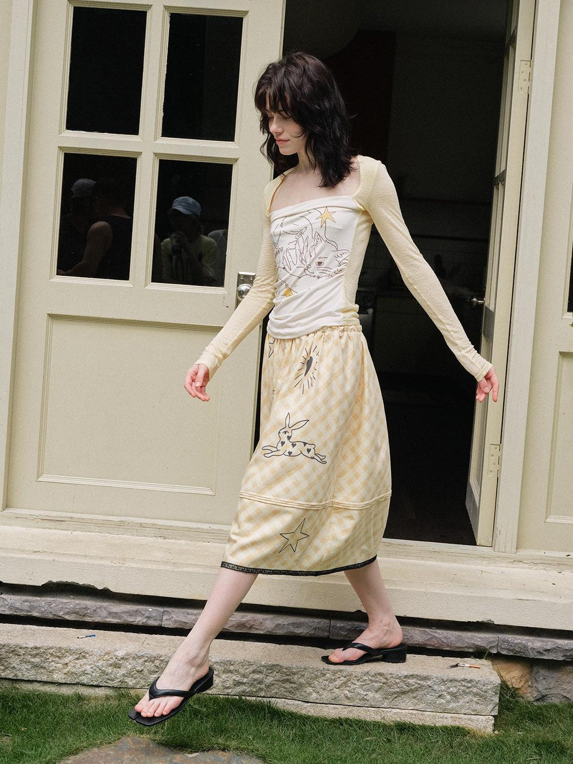 OuttheBlue Pale Yellow Plaid Graffiti Ruched Lace Trim A Line Women&