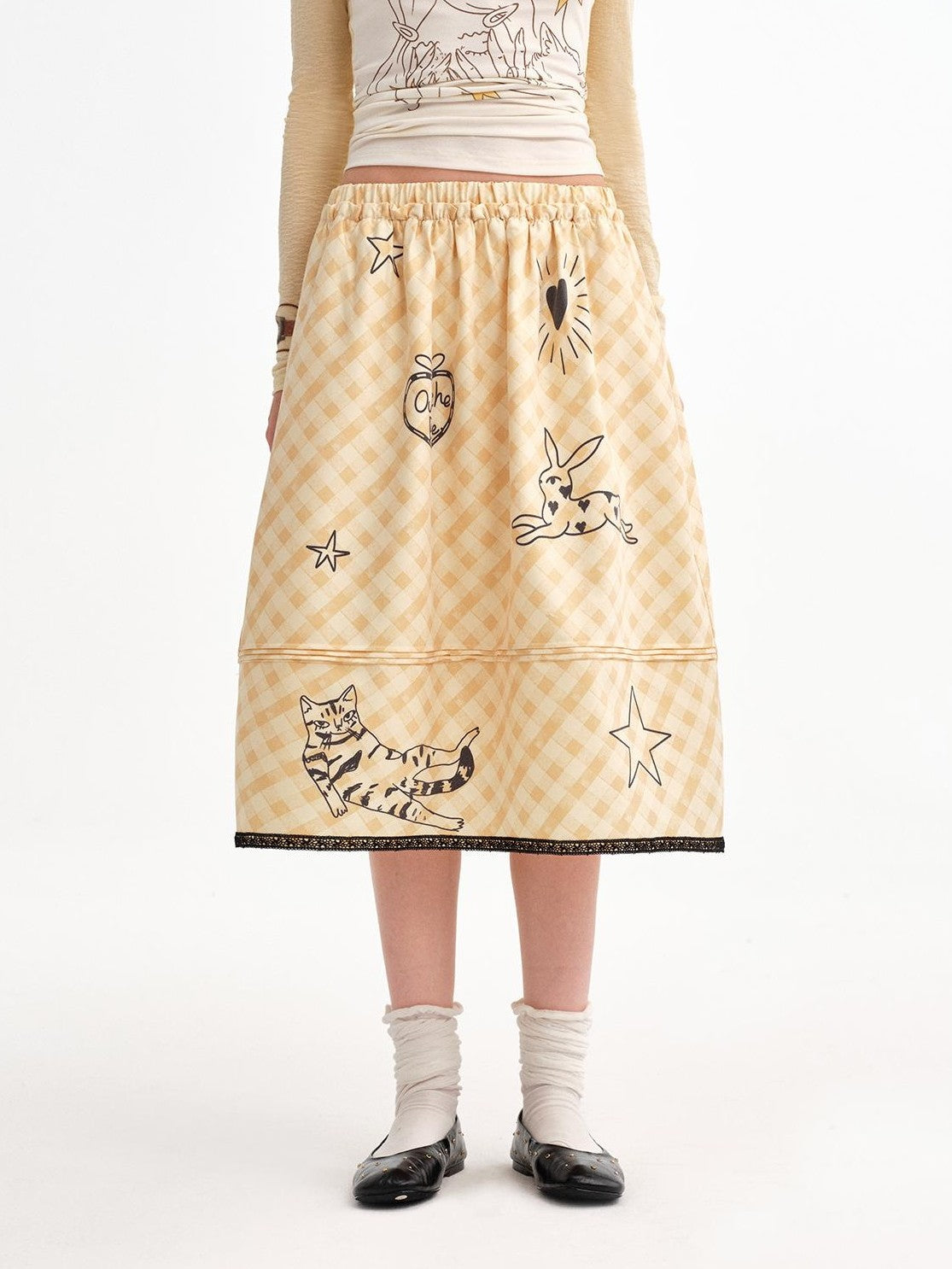 OuttheBlue Pale Yellow Plaid Graffiti Ruched Lace Trim A Line Women&