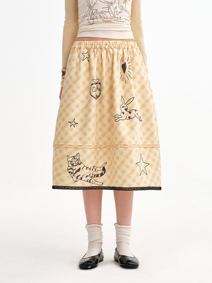 OuttheBlue Pale Yellow Plaid Graffiti Ruched Lace Trim A Line Women&