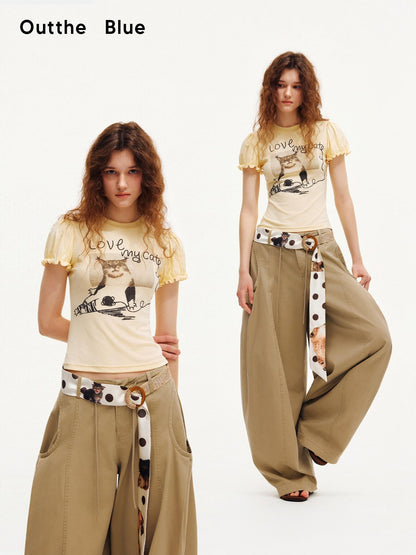 OuttheBlue Pastel Yellow Cat Print Puff Sleeve Women&