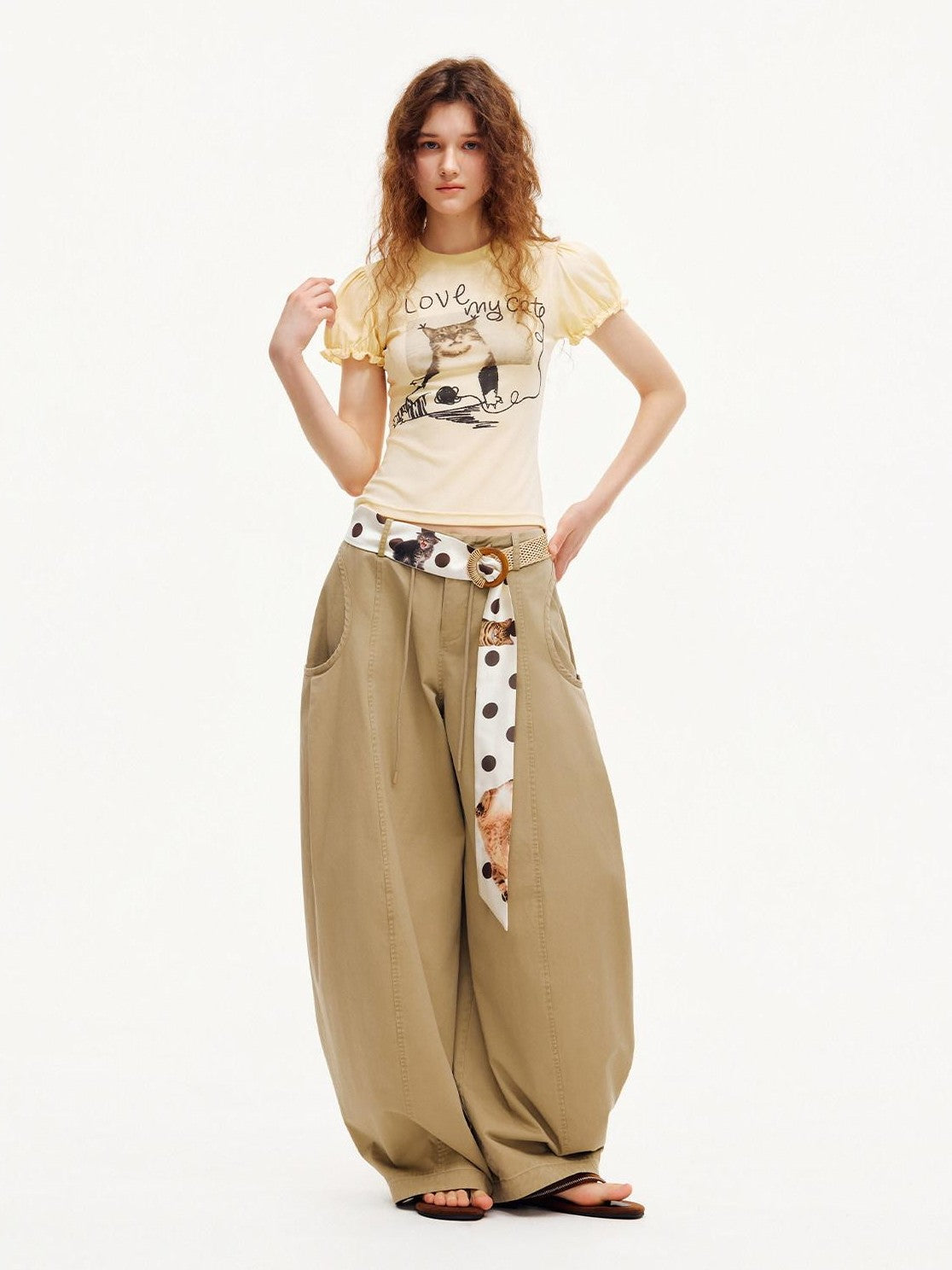 OuttheBlue Pastel Yellow Cat Print Puff Sleeve Women&