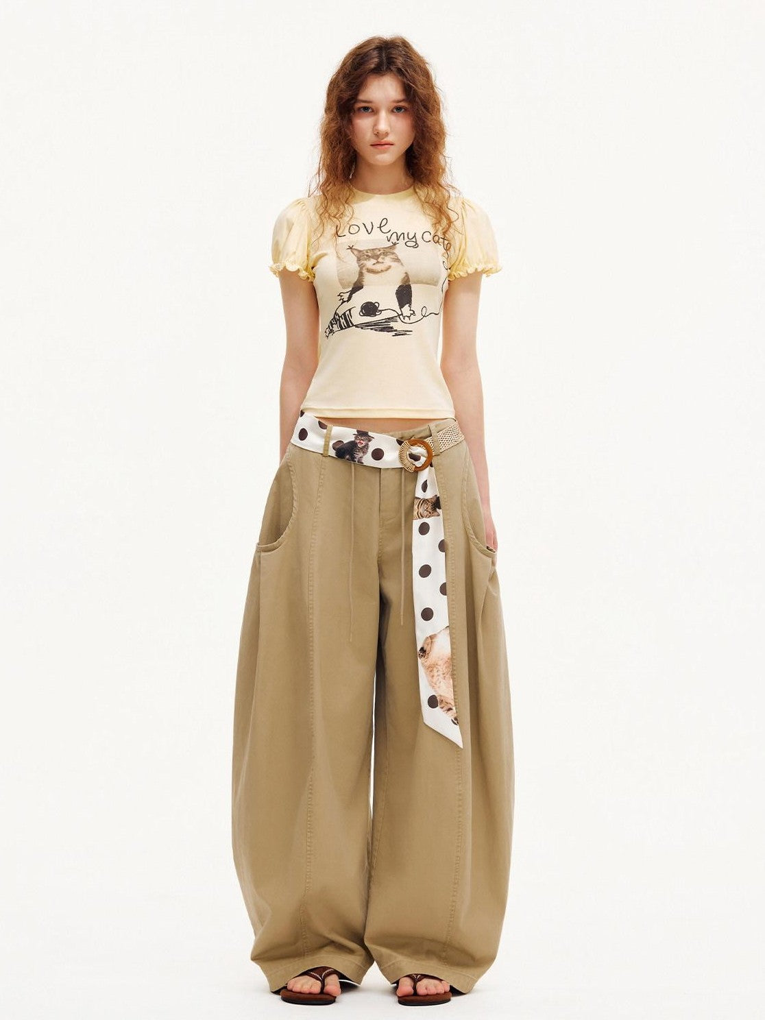OuttheBlue Pastel Yellow Cat Print Puff Sleeve Women&