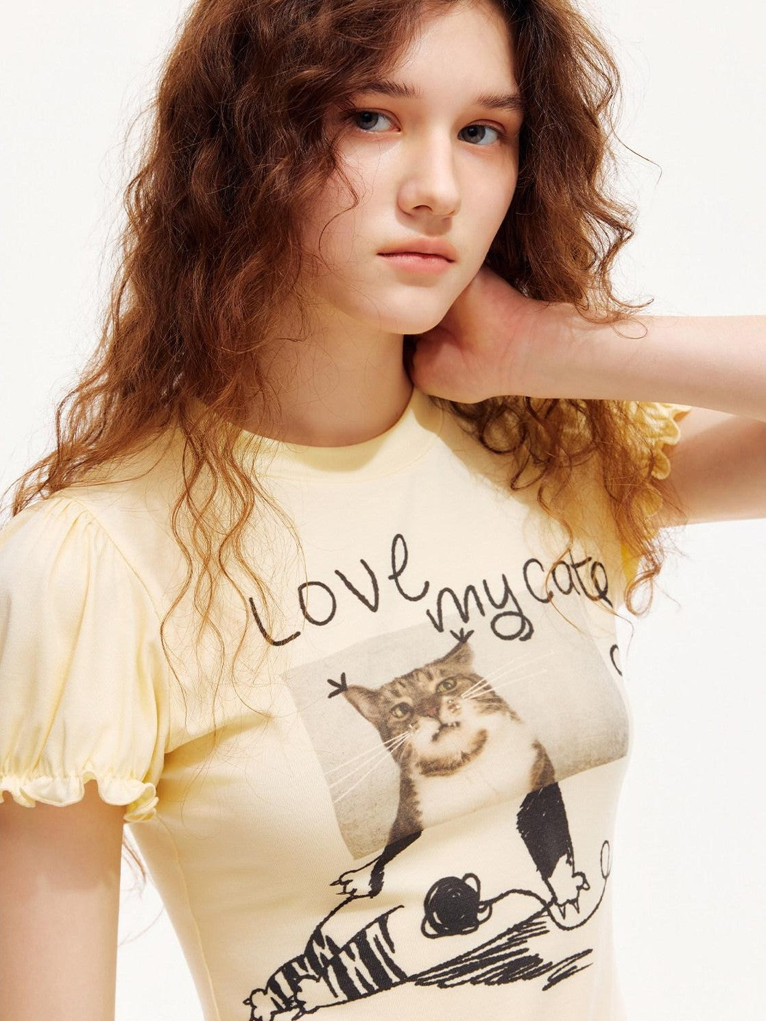 OuttheBlue Pastel Yellow Cat Print Puff Sleeve Women&