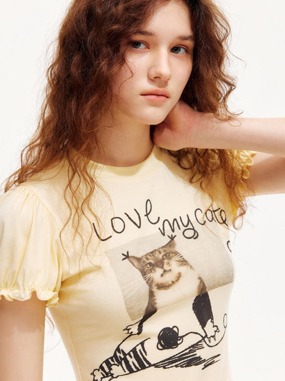 OuttheBlue Pastel Yellow Cat Print Puff Sleeve Women&