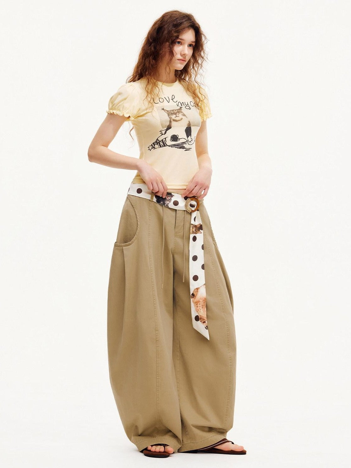 OuttheBlue Pastel Yellow Cat Print Puff Sleeve Women&