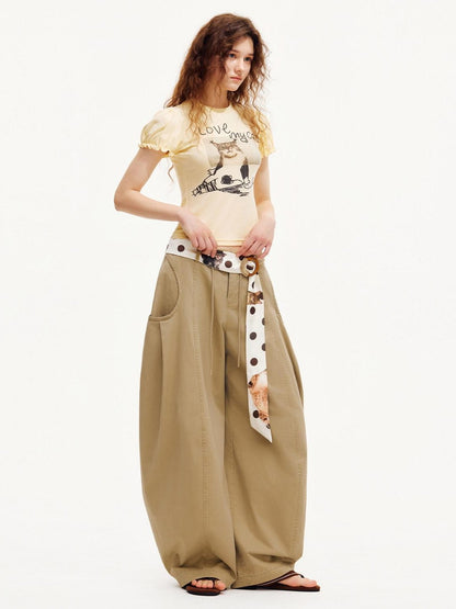 OuttheBlue Pastel Yellow Cat Print Puff Sleeve Women&