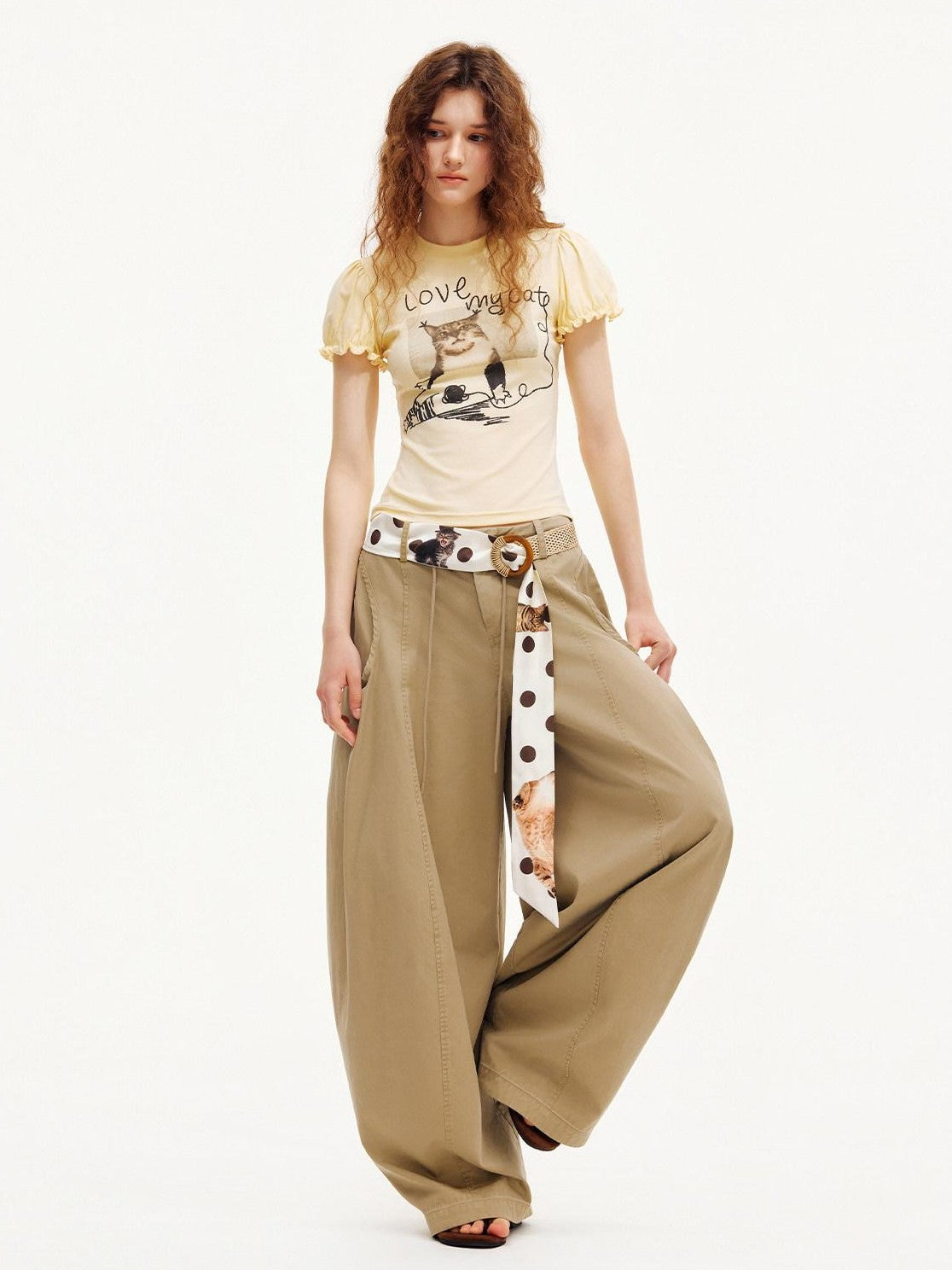 OuttheBlue Pastel Yellow Cat Print Puff Sleeve Women&
