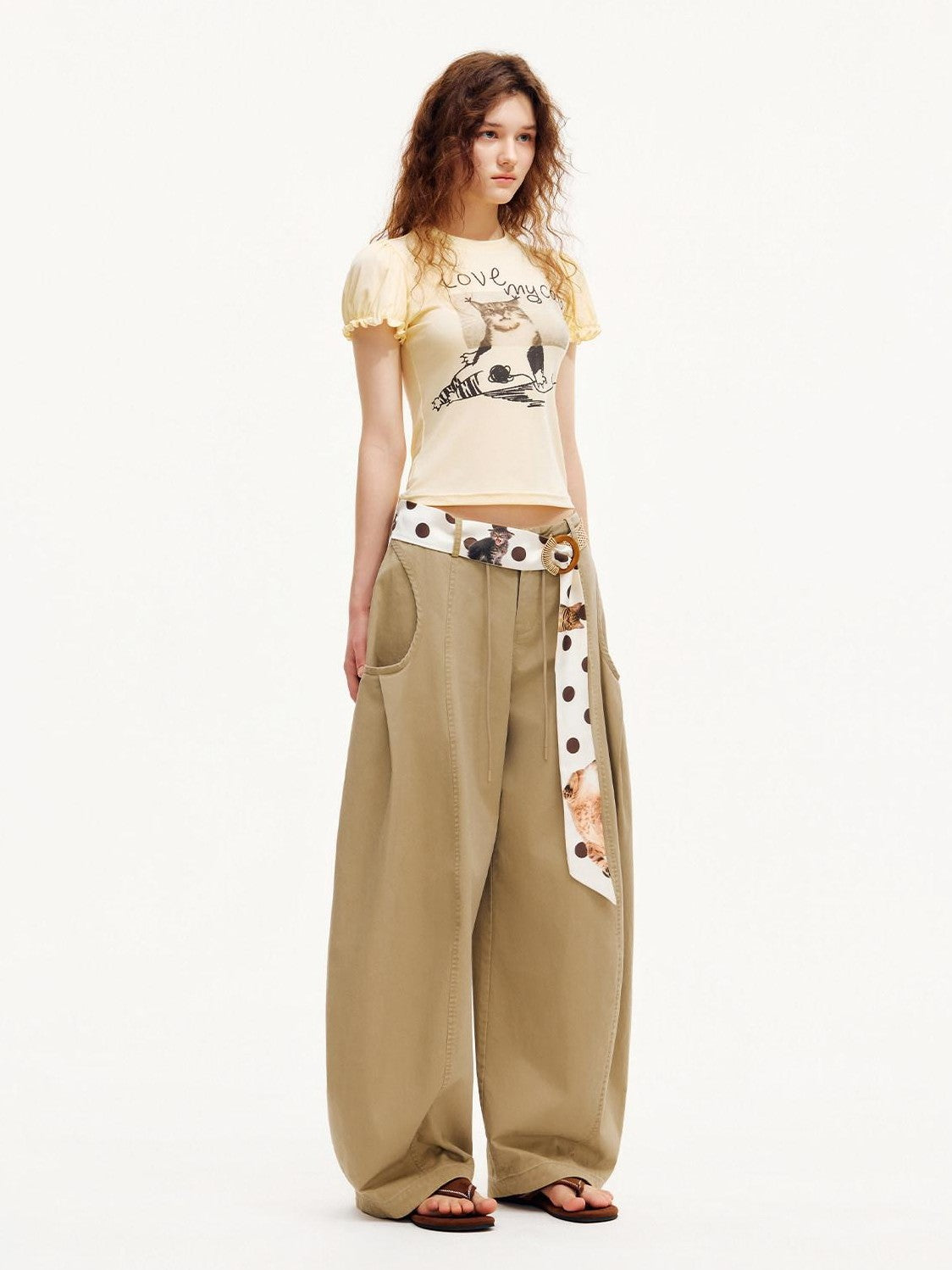OuttheBlue Pastel Yellow Cat Print Puff Sleeve Women&