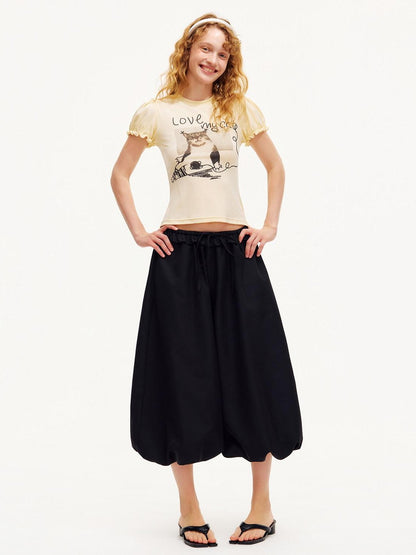 OuttheBlue Pastel Yellow Cat Print Puff Sleeve Women&