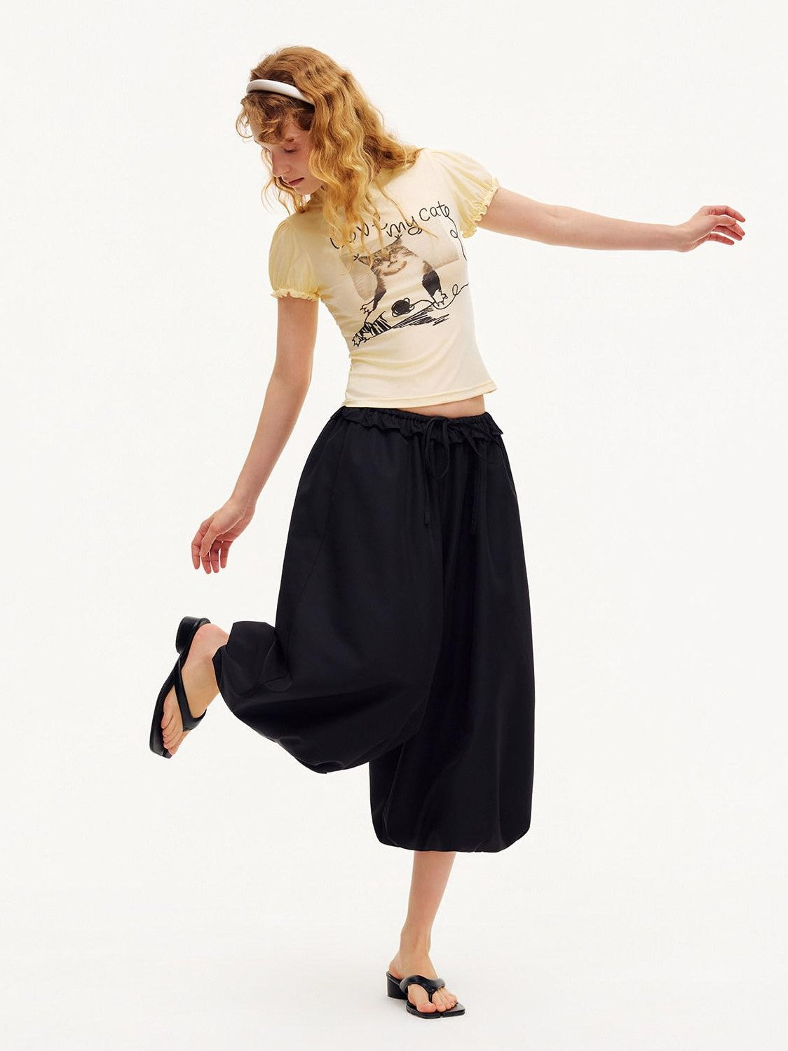 OuttheBlue Pastel Yellow Cat Print Puff Sleeve Women&