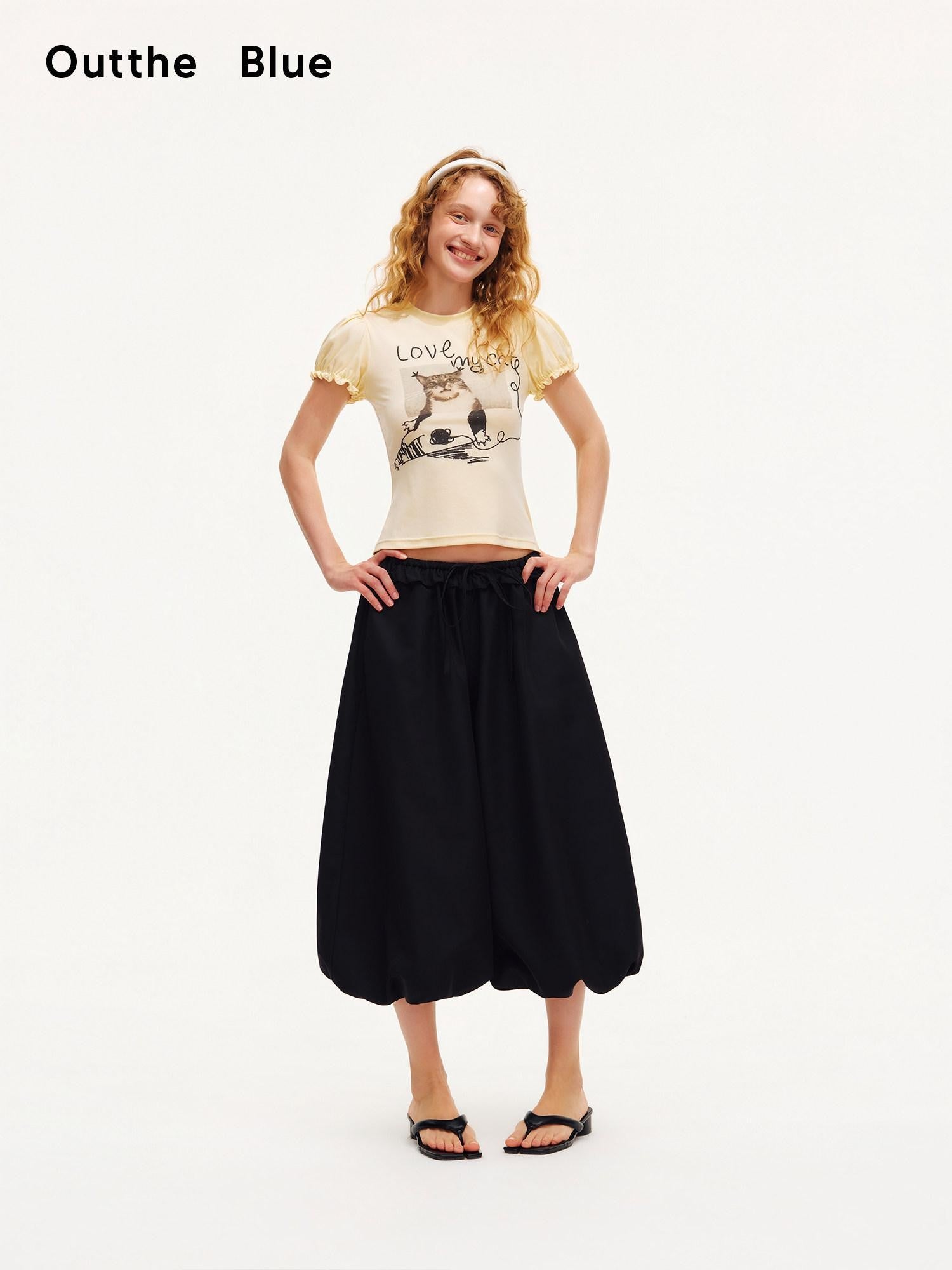 OuttheBlue Pastel Yellow Cat Print Puff Sleeve Women&