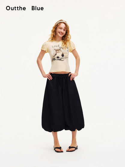 OuttheBlue Pastel Yellow Cat Print Puff Sleeve Women&