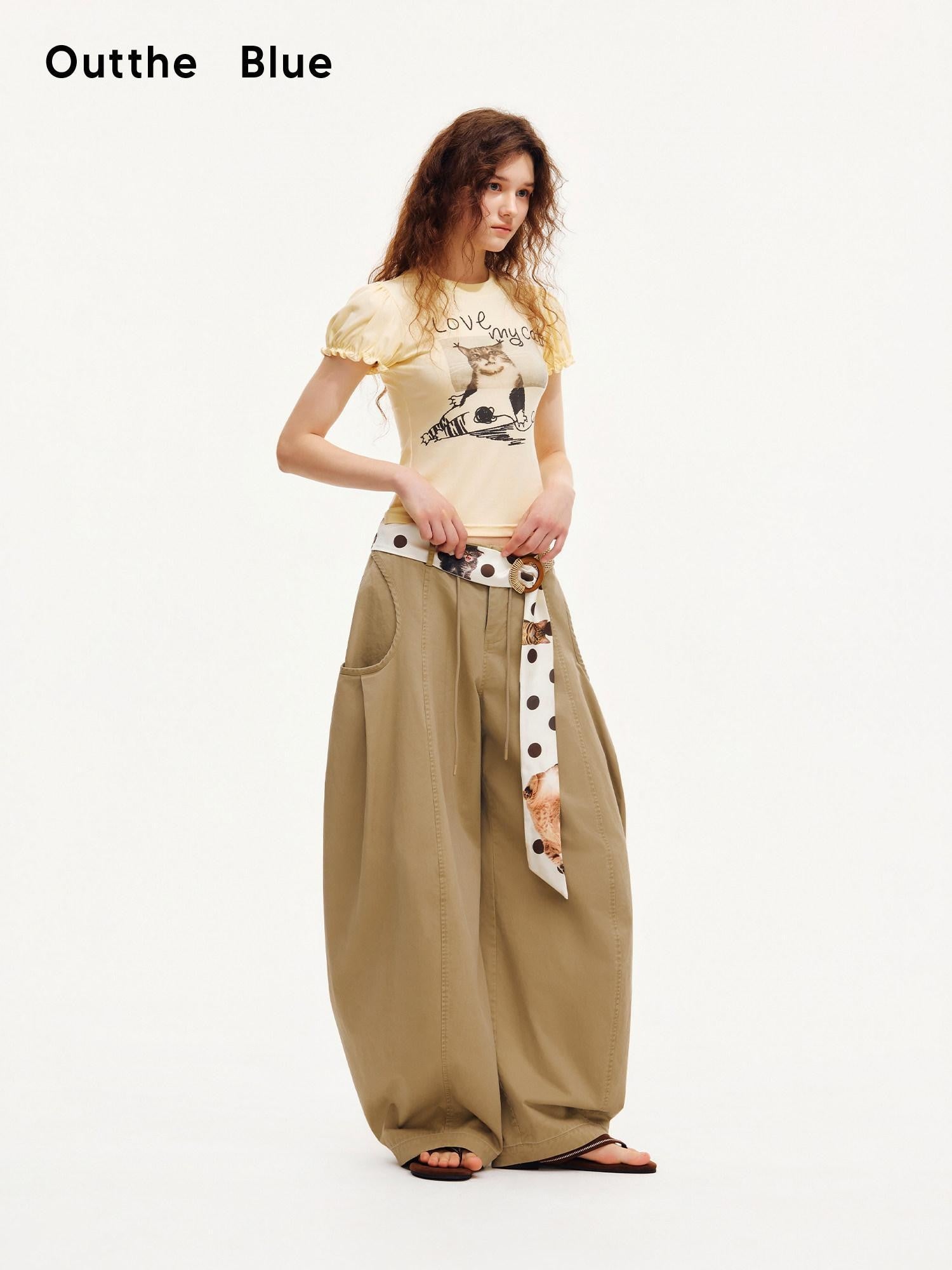 OuttheBlue Pastel Yellow Cat Print Puff Sleeve Women&