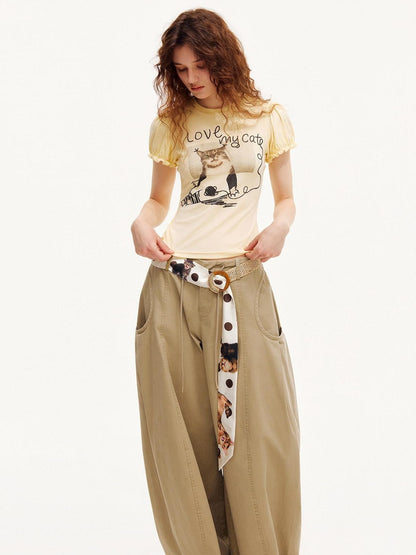 OuttheBlue Pastel Yellow Cat Print Puff Sleeve Women&