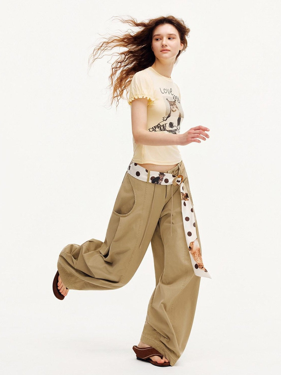 OuttheBlue Pastel Yellow Cat Print Puff Sleeve Women&