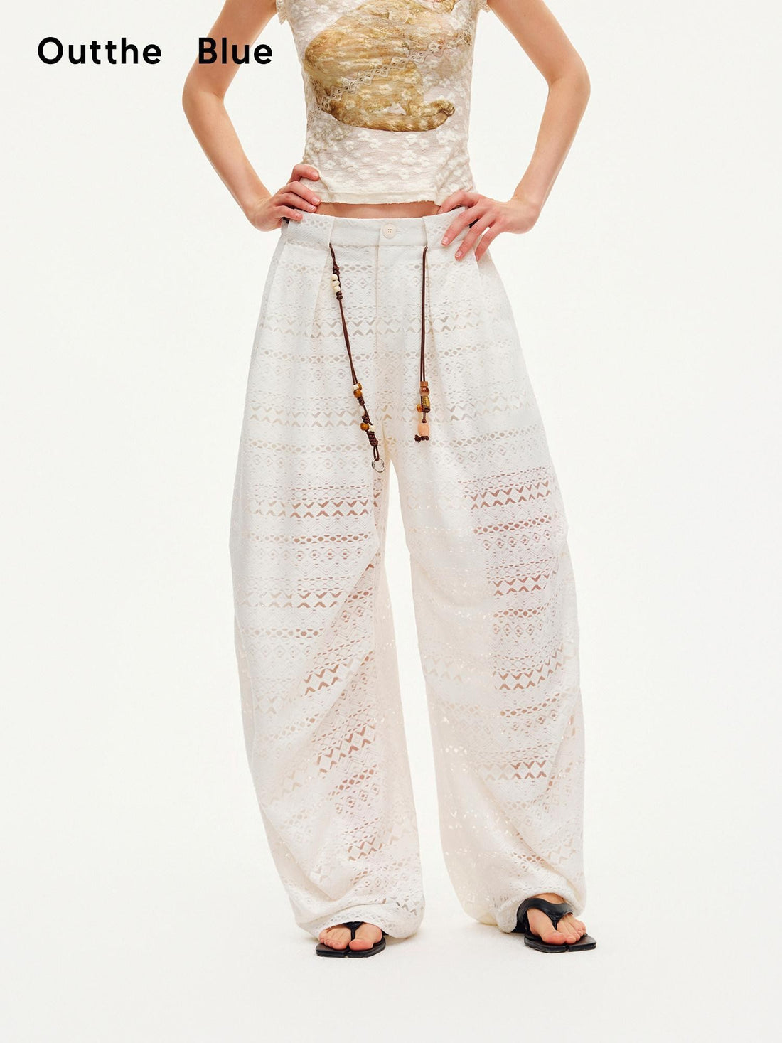 OuttheBlue Pearl White Lace Cutout Panel Pleated Women&