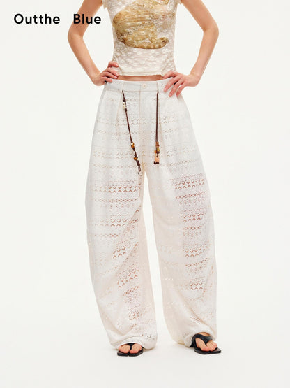 OuttheBlue Pearl White Lace Cutout Panel Pleated Women&