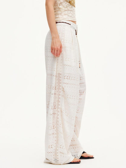 OuttheBlue Pearl White Lace Cutout Panel Pleated Women&