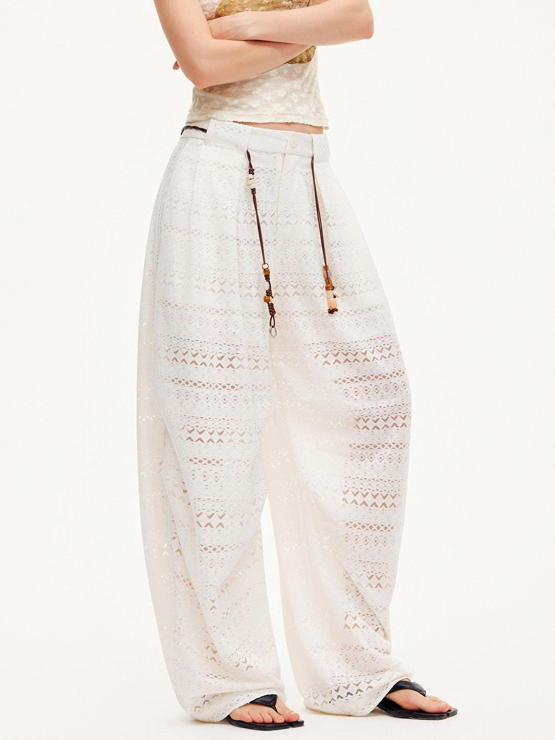OuttheBlue Pearl White Lace Cutout Panel Pleated Women&