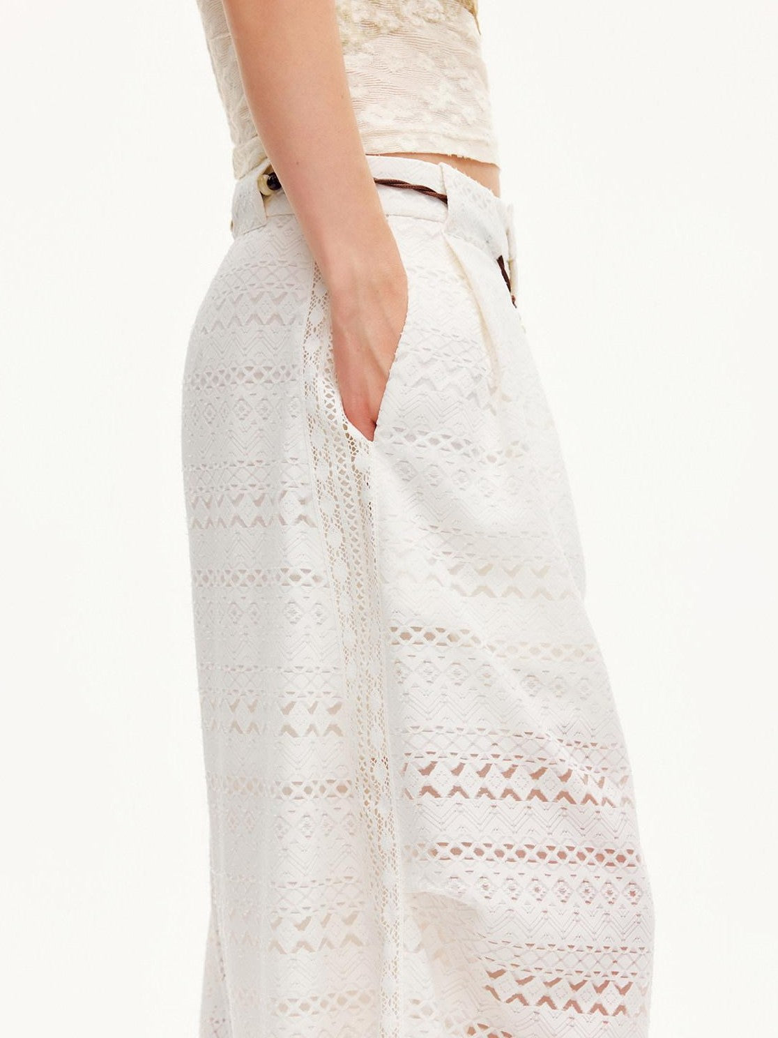 OuttheBlue Pearl White Lace Cutout Panel Pleated Women&