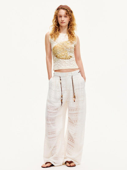 OuttheBlue Pearl White Lace Cutout Panel Pleated Women&