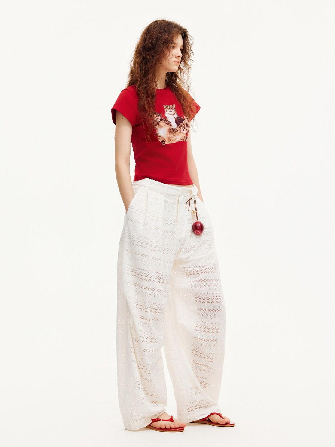 OuttheBlue Pearl White Lace Cutout Panel Pleated Women&