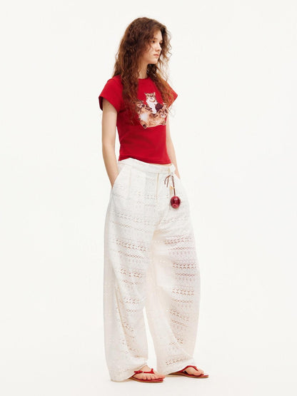OuttheBlue Pearl White Lace Cutout Panel Pleated Women&