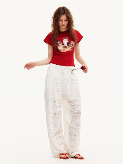 OuttheBlue Pearl White Lace Cutout Panel Pleated Women&