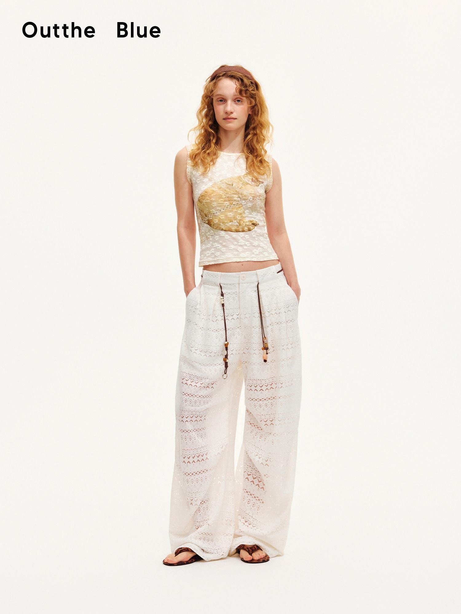 OuttheBlue Pearl White Lace Cutout Panel Pleated Women&