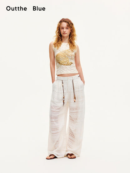 OuttheBlue Pearl White Lace Cutout Panel Pleated Women&