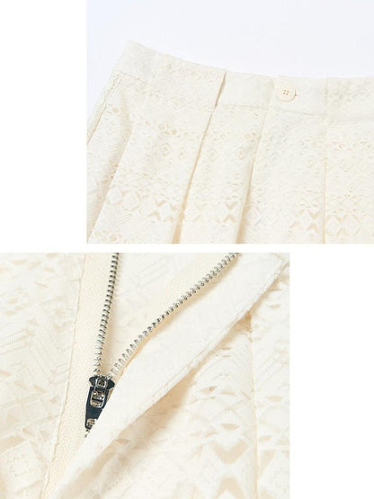 OuttheBlue Pearl White Lace Cutout Panel Pleated Women&
